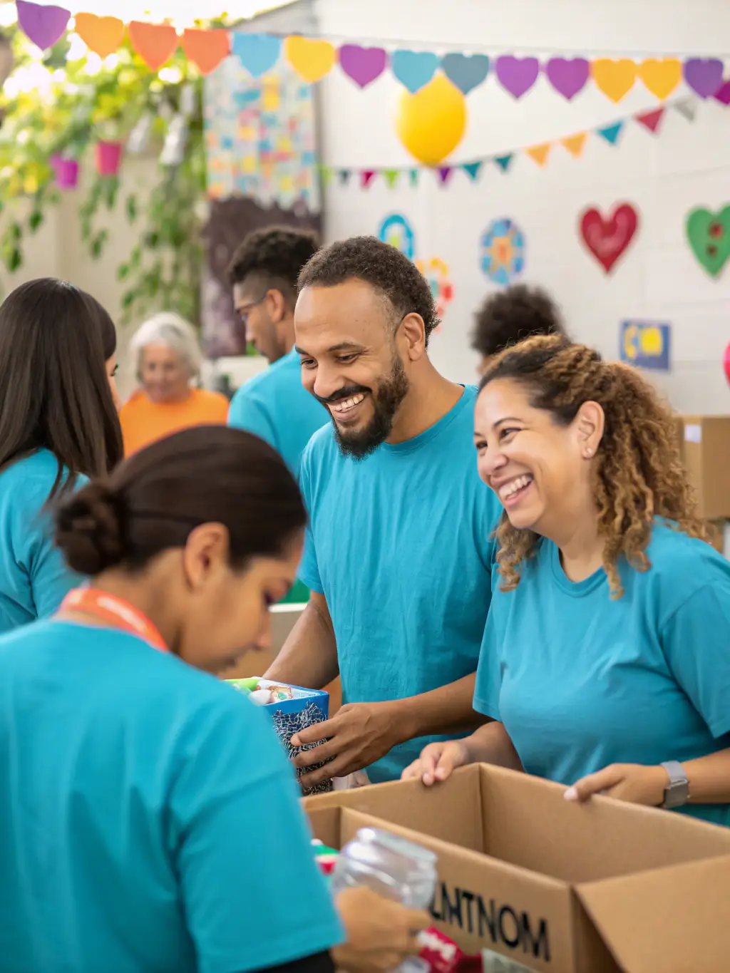 A photo of volunteers setting up for a community event, showcasing teamwork and dedication, with banners and promotional materials visible in the background.