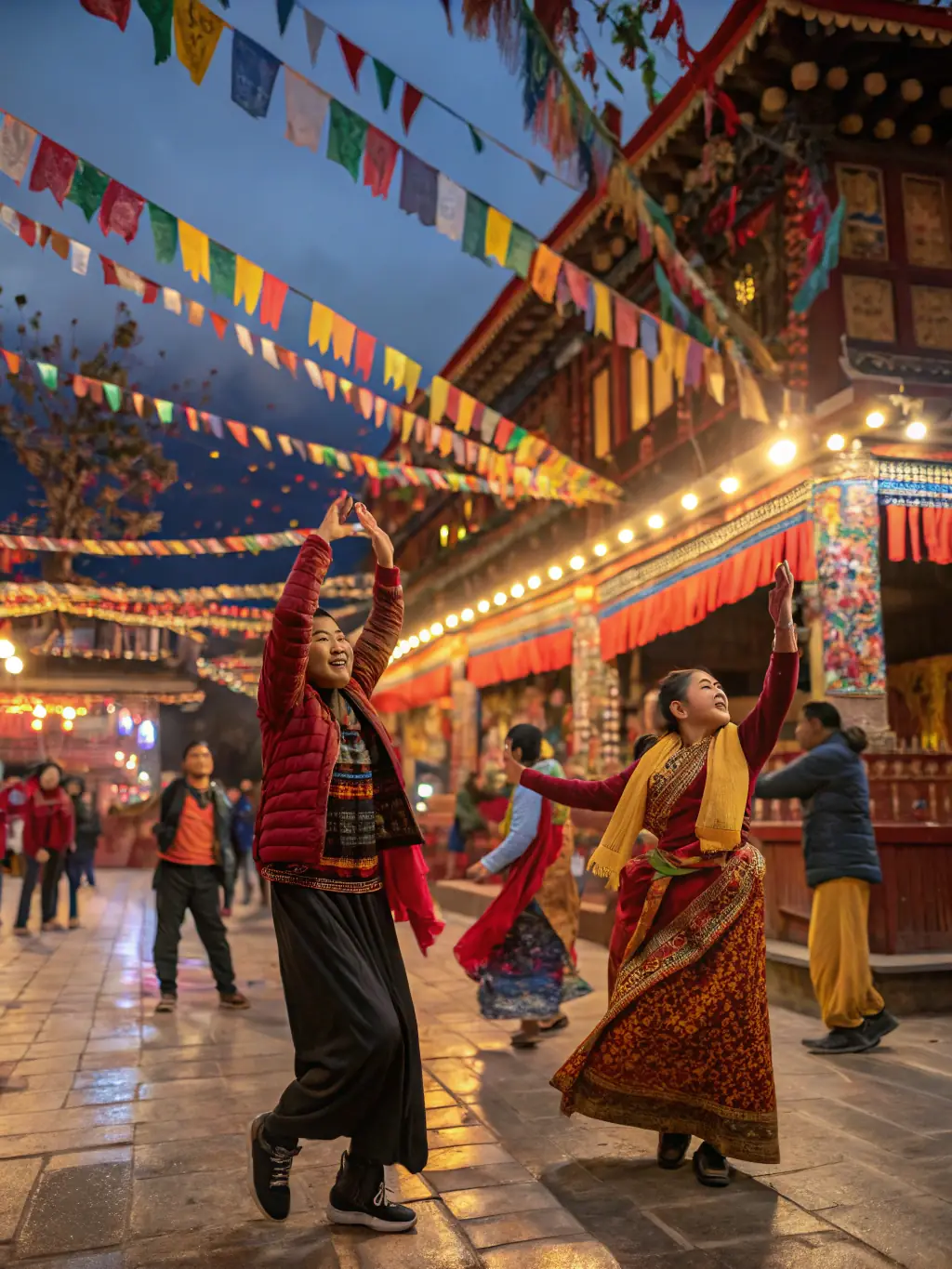 A dynamic image of a cultural festival organized by MOSAIC AZELLYS, featuring traditional music, dance performances, and diverse food stalls, set in a bustling public square.