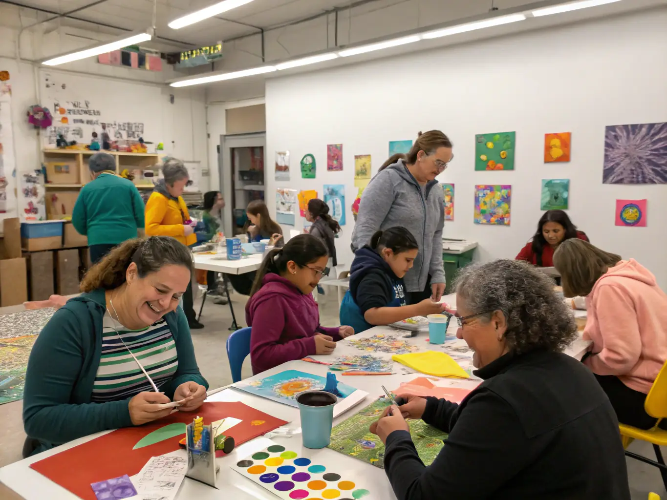 An image of a vibrant community art workshop with participants of various ages actively engaged in creating colorful murals and artworks, showcasing the inclusive and creative environment fostered by MOSAIC AZELLYS.