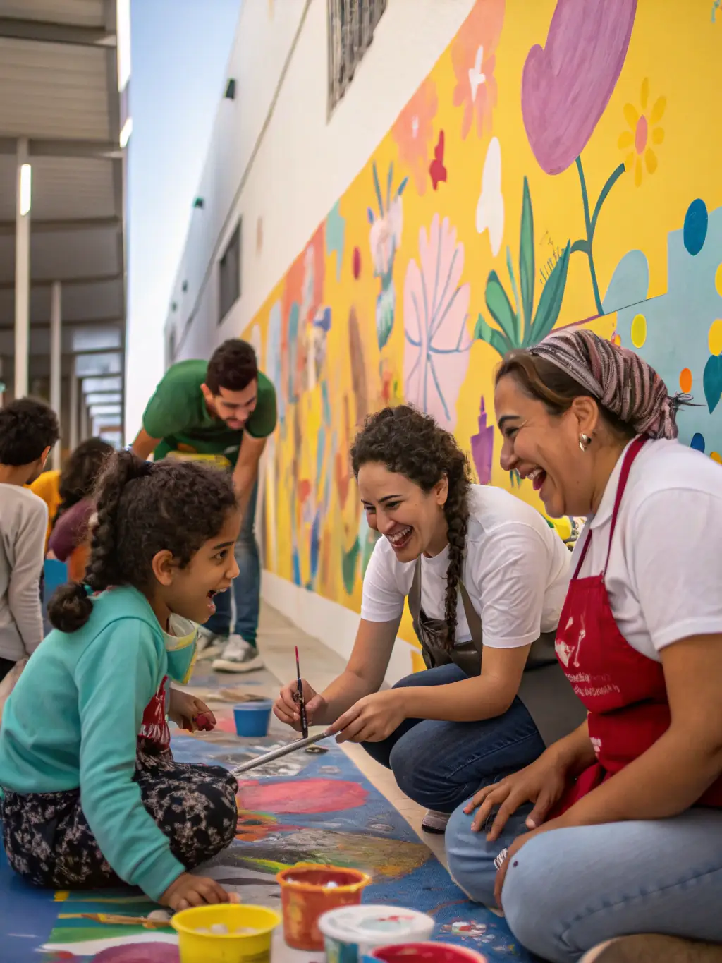 A vibrant photograph capturing participants engaged in a community art workshop, showcasing diverse age groups and artistic expressions, set against a backdrop of colorful art supplies and collaborative energy, reflecting MOSAIC AZELLYS's commitment to fostering creativity and community engagement.
