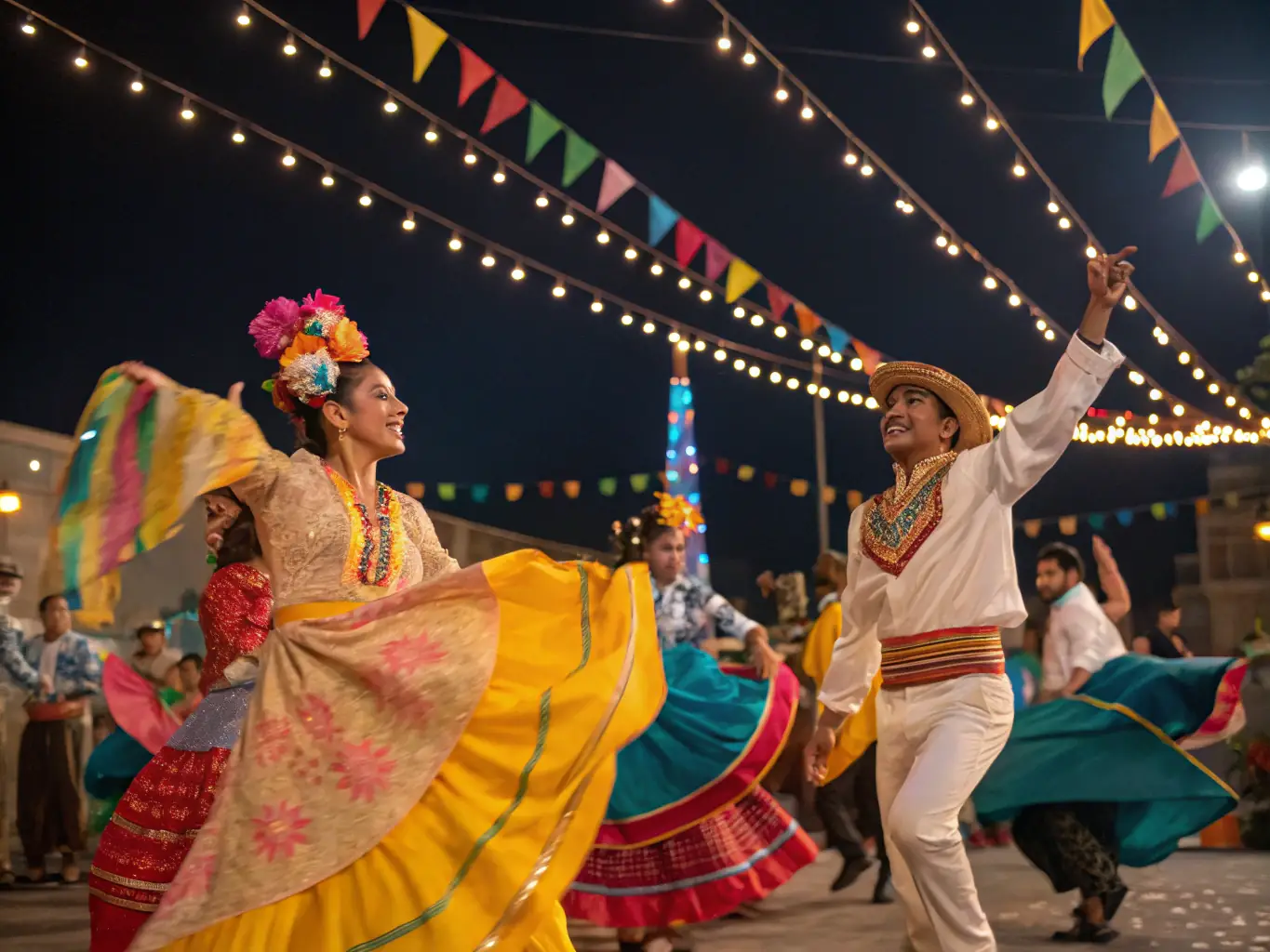 A photograph capturing a lively cultural festival organized by MOSAIC AZELLYS, featuring traditional music, dance performances, and diverse food stalls, reflecting the organization's commitment to celebrating cultural diversity.