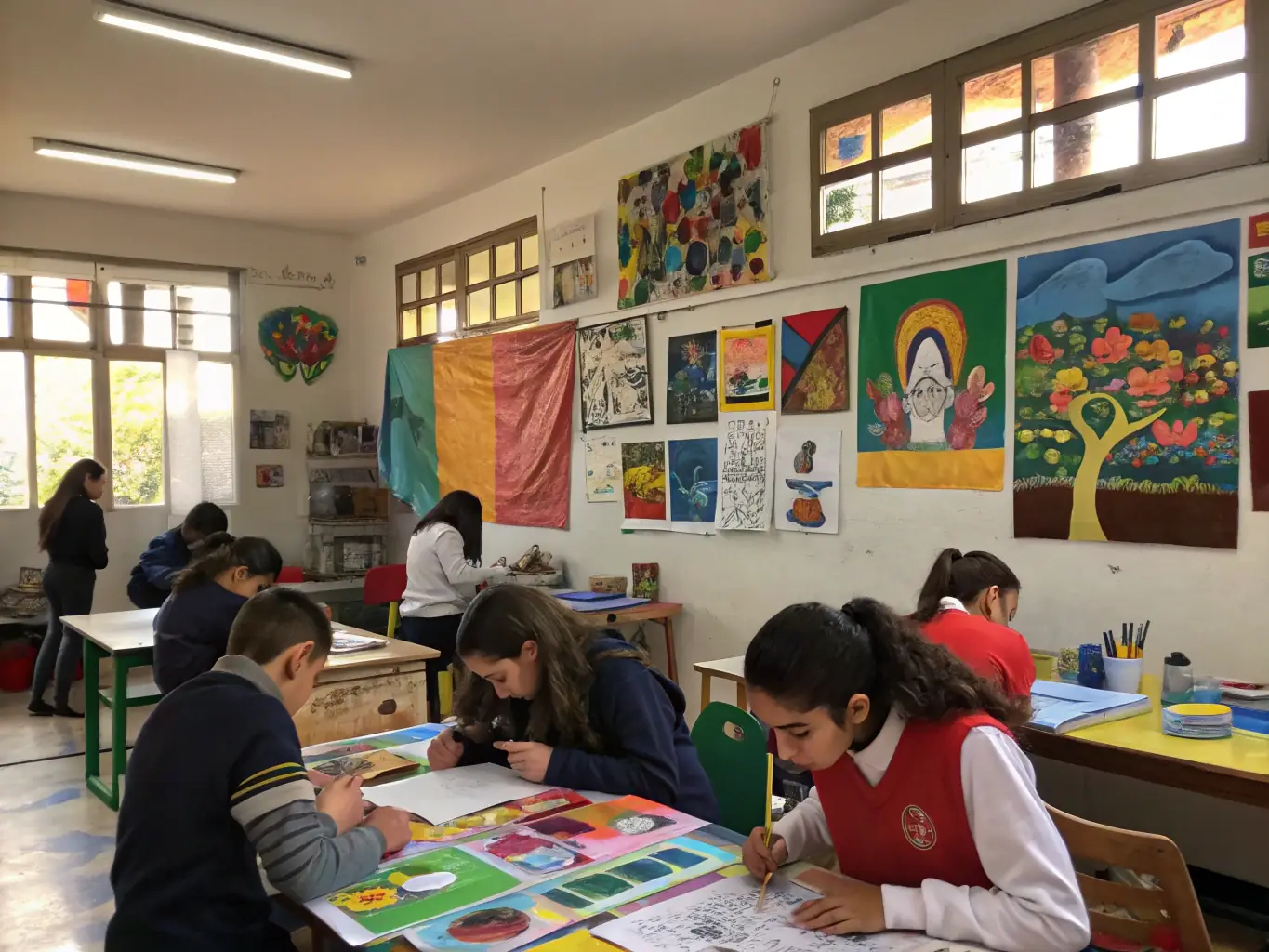 A photo of children participating in an educational initiative by MOSAIC AZELLYS, learning about art history and techniques in an interactive and engaging setting, highlighting the organization's focus on educational enrichment.